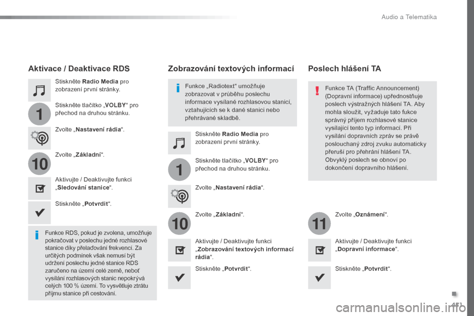 Peugeot Expert VU 2016  Návod k obsluze (in Czech) 451
1
110
1011
Expert_cs_Chap10c_RCC-1_ed01-2016
Stiskněte Radio Media pro 
zobrazení první stránky.
Stiskněte Radio Media pro 
zobrazení první stránky.
Stiskněte tlačítko „
VOLBY“ pro 