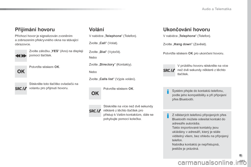 Peugeot Expert VU 2016  Návod k obsluze (in Czech) 499
Expert_cs_Chap10d_RD6_ed01-2016
Přijímání hovoru
Příchozí hovor je signalizován zvoněním 
a  zobrazením překryvného okna na stávající 
obrazovce.
Zvolte záložku „ YES“ (Ano) 