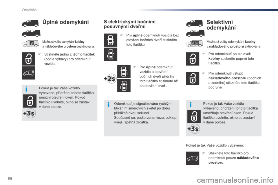 Peugeot Expert VU 2016  Návod k obsluze (in Czech) 56
Expert_cs_Chap02_ouvertures_ed01-2016
S elektrickými bočními 
posuvnými dveřmi
F Pro úplné  odemknutí vozidla bez 
otevření bočních dveří stiskněte 
toto tlačítko.
F
  Pro úplné 
