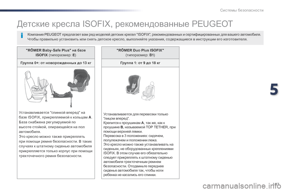 Peugeot Expert VU 2016  Инструкция по эксплуатации (in Russian) 187
Expert_ru_Chap05_securite_ed01-2016
Детские кресла ISOFIX, рекомендованные PEUGEOT
Компания PEUGEOT предлагает вам ряд моделей детск