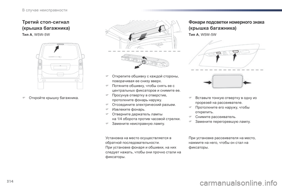 Peugeot Expert VU 2016 Инструкция по эксплуатации (in Russian) 314
Expert_ru_Chap08_En-cas-de-panne_ed01-2016
При установке рассеивателя на место,
нажмите на него, чтобы он стал на
фиксаторы.
F
Peugeot Expert VU 2016 Инструкция по эксплуатации (in Russian) 314
Expert_ru_Chap08_En-cas-de-panne_ed01-2016
При установке рассеивателя на место,
нажмите на него, чтобы он стал на
фиксаторы.
F