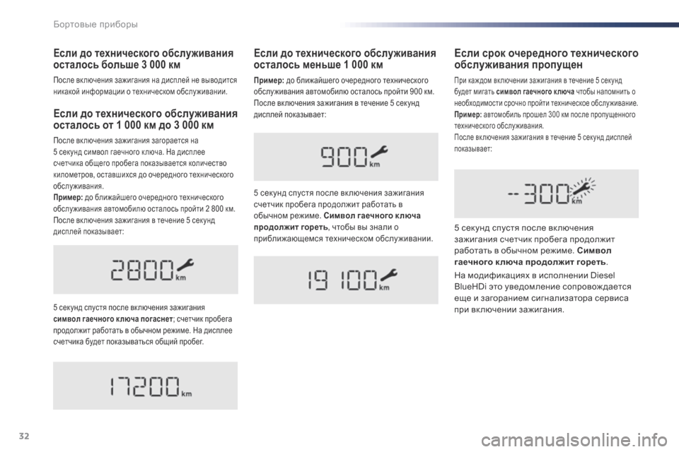 Peugeot Expert VU 2016  Инструкция по эксплуатации (in Russian) 32
Если до технического обслуживания 
осталось от 1 000 км до 3 000 км
После вк лючения зажигания загорается на 
5  с