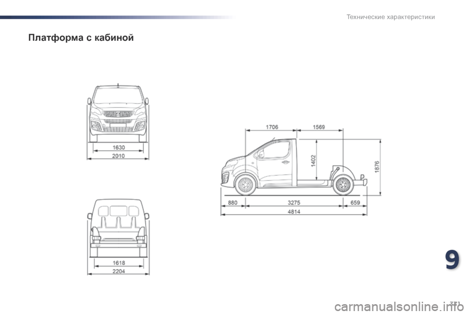 Peugeot Expert VU 2016 Инструкция по эксплуатации (in Russian) 331
Expert_ru_Chap09_caracteristiques-techniques_ed01-2016
Платформа с кабиной
9
Технические характеристики Peugeot Expert VU 2016 Инструкция по эксплуатации (in Russian) 331
Expert_ru_Chap09_caracteristiques-techniques_ed01-2016
Платформа с кабиной
9
Технические характеристики