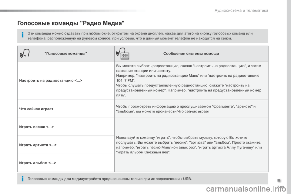 Peugeot Expert VU 2016 Инструкция по эксплуатации (in Russian) 349
Expert_ru_Chap10b_NAC-1_ed01-2016
Голосовые команды "Радио Медиа"
Эти команды можно отдавать при любом окне, открытом на эк Peugeot Expert VU 2016 Инструкция по эксплуатации (in Russian) 349
Expert_ru_Chap10b_NAC-1_ed01-2016
Голосовые команды "Радио Медиа"
Эти команды можно отдавать при любом окне, открытом на эк