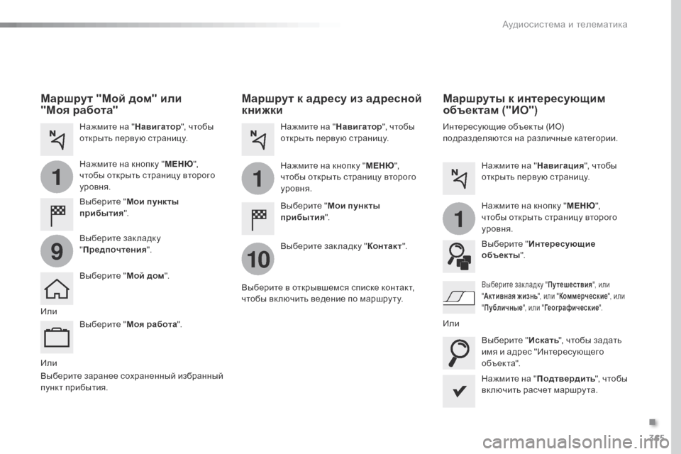 Peugeot Expert VU 2016 Инструкция по эксплуатации (in Russian) 365
1
10
1
1
9
Expert_ru_Chap10b_NAC-1_ed01-2016
Или
Маршрут к адресу из адресной
книжки
Выберите "Мои пункты
прибытия ".
Выберите Peugeot Expert VU 2016 Инструкция по эксплуатации (in Russian) 365
1
10
1
1
9
Expert_ru_Chap10b_NAC-1_ed01-2016
Или
Маршрут к адресу из адресной
книжки
Выберите "Мои пункты
прибытия ".
Выберите