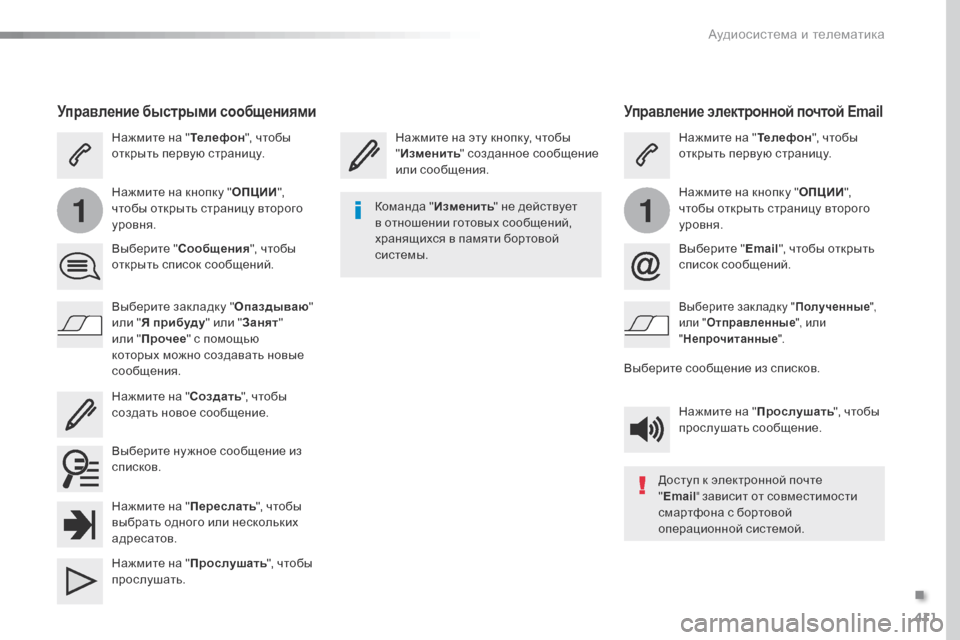 Peugeot Expert VU 2016 Инструкция по эксплуатации (in Russian) 411
11
Expert_ru_Chap10b_NAC-1_ed01-2016
Управление электронной почтой Email
Нажмите на эту кнопку, чтобы
"Изменить " созданное со Peugeot Expert VU 2016 Инструкция по эксплуатации (in Russian) 411
11
Expert_ru_Chap10b_NAC-1_ed01-2016
Управление электронной почтой Email
Нажмите на эту кнопку, чтобы
"Изменить " созданное со