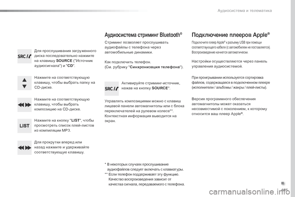 Peugeot Expert VU 2016  Инструкция по эксплуатации (in Russian) 495
Expert_ru_Chap10d_RD6_ed01-2016
Для прослушивания загру женного 
диска последовательно нажмите 
на к лавишу SOURCE ("Источни