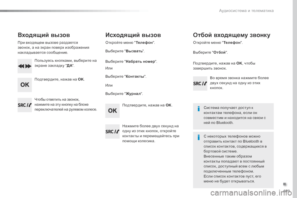 Peugeot Expert VU 2016 Инструкция по эксплуатации (in Russian) 499
Expert_ru_Chap10d_RD6_ed01-2016
Входящий вызов
При входящем вызове раздается
звонок, а на экран поверх изображения
нак л Peugeot Expert VU 2016 Инструкция по эксплуатации (in Russian) 499
Expert_ru_Chap10d_RD6_ed01-2016
Входящий вызов
При входящем вызове раздается
звонок, а на экран поверх изображения
нак л