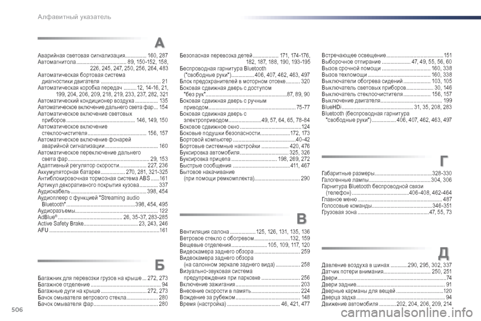 Peugeot Expert VU 2016 Инструкция по эксплуатации (in Russian) 506
Expert_ru_Chap11_index-alpha_ed01-2016
Аварийная световая сигнализация............... 160, 287
Автомагнитола ................................... 8 9, 150 Peugeot Expert VU 2016 Инструкция по эксплуатации (in Russian) 506
Expert_ru_Chap11_index-alpha_ed01-2016
Аварийная световая сигнализация............... 160, 287
Автомагнитола ................................... 8 9, 150