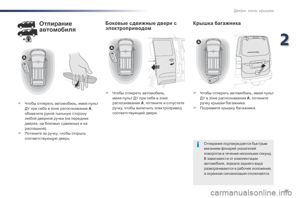 Peugeot Expert VU 2016  Инструкция по эксплуатации (in Russian) 63
Expert_ru_Chap02_ouvertures_ed01-2016
Отпирание 
автомобиля
F Чтобы отпереть автомобиль, имея пульт ДУ при себе в зоне распоз