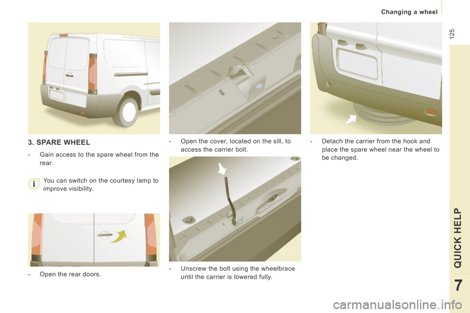 Peugeot Expert VU 2014  Owners Manual  125
   Changing  a  wheel   
QUICK HELP 
7
AP-EXPERT-VU_EN_CHAP07_AIDE RAPIDE_ED01-2014
  -   Open the cover, located on the sill, to access the carrier bolt. 
  -   Unscrew the bolt using the wheelb