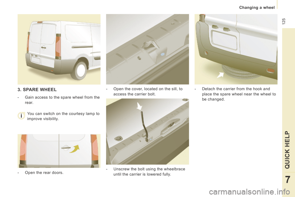 Peugeot Expert VU 2014 Owners Manual 125
Changing a wheel
QUICK HELP
7
AP-EXPERT-VU_EN_CHAP07_AIDE RAPIDE_ED01-2014
- Open the cover, located on the sill, to access the carrier bolt.
- Unscrew the bolt using the wheelb Peugeot Expert VU 2014 Owners Manual 125
Changing a wheel
QUICK HELP
7
AP-EXPERT-VU_EN_CHAP07_AIDE RAPIDE_ED01-2014
- Open the cover, located on the sill, to access the carrier bolt.
- Unscrew the bolt using the wheelb