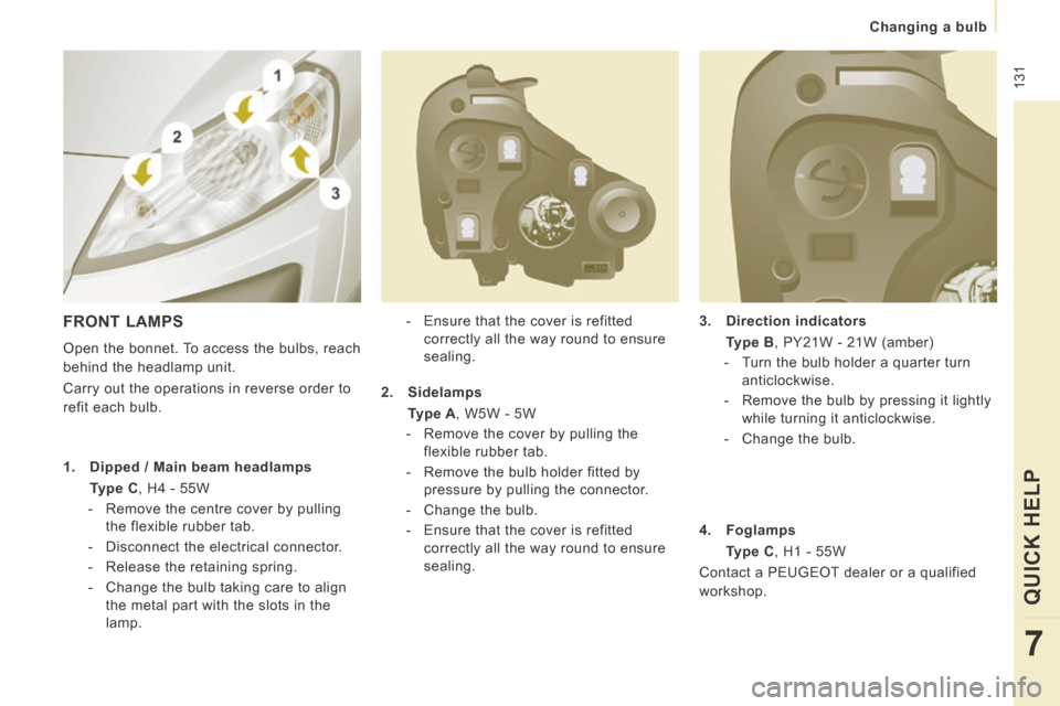 Peugeot Expert VU 2014 Owners Manual 131
Changing a bulb
QUICK HELP
7
AP-EXPERT-VU_EN_CHAP07_AIDE RAPIDE_ED01-2014
3. Direction indicators
Type B , PY21W - 21W (amber)
- Turn the bulb holder a quarter turn a Peugeot Expert VU 2014 Owners Manual 131
Changing a bulb
QUICK HELP
7
AP-EXPERT-VU_EN_CHAP07_AIDE RAPIDE_ED01-2014
3. Direction indicators
Type B , PY21W - 21W (amber)
- Turn the bulb holder a quarter turn a