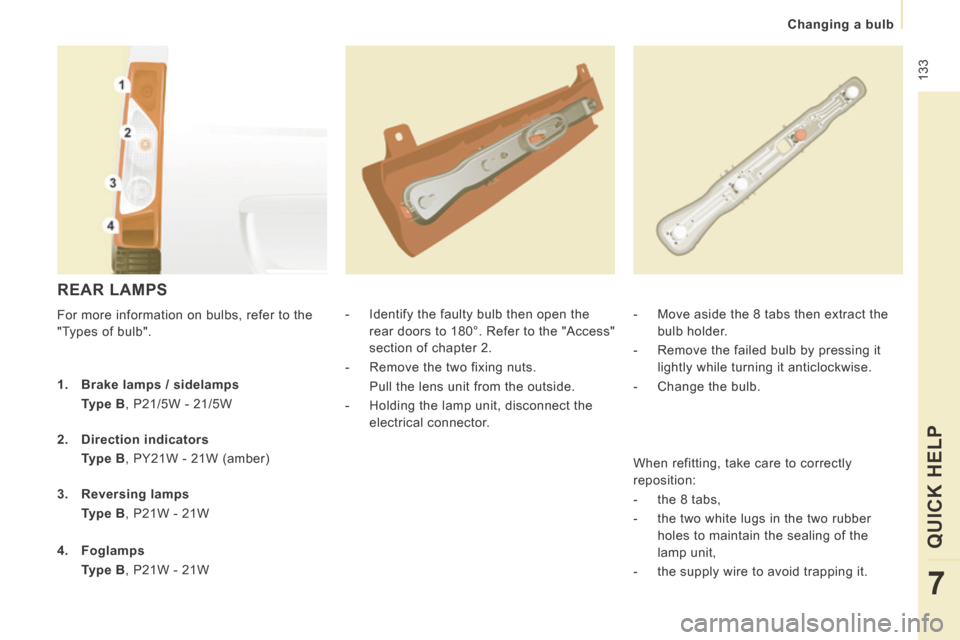 Peugeot Expert VU 2014 Owners Manual 133
Changing a bulb
QUICK HELP
7
AP-EXPERT-VU_EN_CHAP07_AIDE RAPIDE_ED01-2014
REAR LAMPS
For more information on bulbs, refer to the
"Types of bulb". - Identify the faulty bulb the Peugeot Expert VU 2014 Owners Manual 133
Changing a bulb
QUICK HELP
7
AP-EXPERT-VU_EN_CHAP07_AIDE RAPIDE_ED01-2014
REAR LAMPS
For more information on bulbs, refer to the
"Types of bulb". - Identify the faulty bulb the