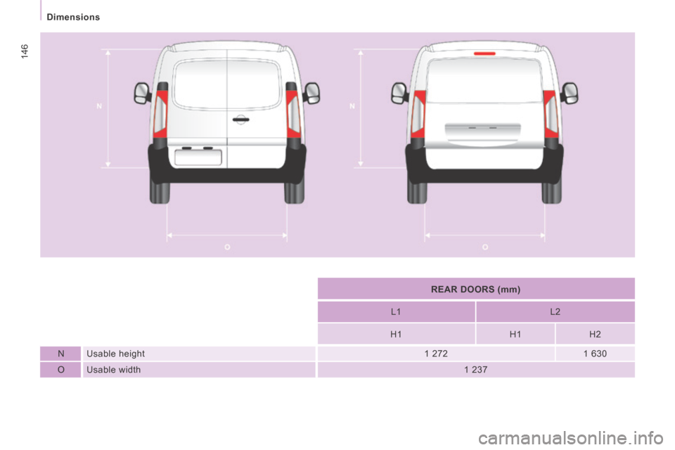 Peugeot Expert VU 2014  Owners Manual 146
   Dimensions   
AP-EXPERT-VU_EN_CHAP08_CARACTERISTIQUES TECHNIQUES_ED01-2014
   REAR DOORS (mm)   
  L1     L2  
  H1     H1    H2  
  N    Usable  height    1  272    1 630  
  O    Usable  widt