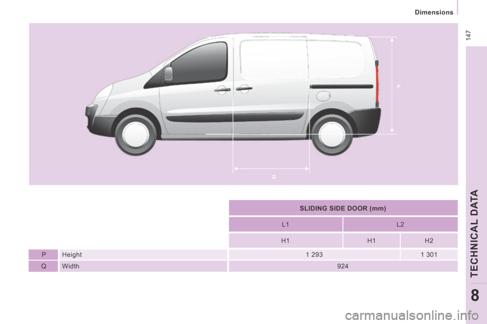 Peugeot Expert VU 2014  Owners Manual  147
   Dimensions   
TECHNICAL DATA
8
AP-EXPERT-VU_EN_CHAP08_CARACTERISTIQUES TECHNIQUES_ED01-2014
       SLIDING SIDE DOOR (mm)    
      L1     L2  
      H1     H1    H2  
  P     Height     1  29