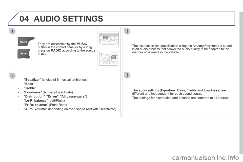 Peugeot Expert VU 2014 Owners Manual 9.9
04
AP-EXPERT-VU_EN_CHAP09B_RT6-2-7_ED01-2014
AUDIO SETTINGS
They are accessible by the MUSIC button in the control panel or by a long press on RADIO according to the source in use.
Peugeot Expert VU 2014 Owners Manual 9.9
04
AP-EXPERT-VU_EN_CHAP09B_RT6-2-7_ED01-2014
AUDIO SETTINGS
They are accessible by the MUSIC button in the control panel or by a long press on RADIO according to the source in use.