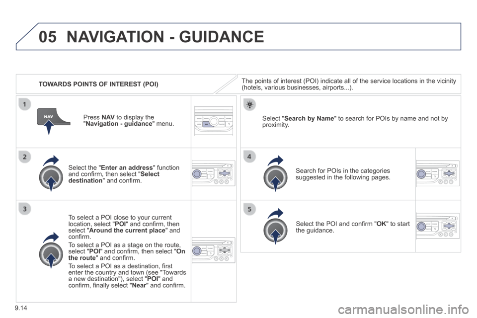 Peugeot Expert VU 2014 Owners Manual 9.14
05
AP-EXPERT-VU_EN_CHAP09B_RT6-2-7_ED01-2014
TOWARDS POINTS OF INTEREST (POI)
NAVIGATION - GUIDANCE
The points of interest (POI) indicate all of the service locations in \
the vicinity (ho Peugeot Expert VU 2014 Owners Manual 9.14
05
AP-EXPERT-VU_EN_CHAP09B_RT6-2-7_ED01-2014
TOWARDS POINTS OF INTEREST (POI)
NAVIGATION - GUIDANCE
The points of interest (POI) indicate all of the service locations in \
the vicinity (ho