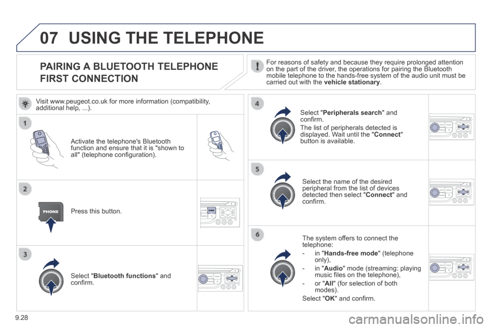 Peugeot Expert VU 2014 Owners Manual 9.28
07
AP-EXPERT-VU_EN_CHAP09B_RT6-2-7_ED01-2014
PAIRING A BLUETOOTH TELEPHONE
FIRST CONNECTION
For reasons of safety and because they require prolonged attention on the part of the driver, the Peugeot Expert VU 2014 Owners Manual 9.28
07
AP-EXPERT-VU_EN_CHAP09B_RT6-2-7_ED01-2014
PAIRING A BLUETOOTH TELEPHONE
FIRST CONNECTION
For reasons of safety and because they require prolonged attention on the part of the driver, the