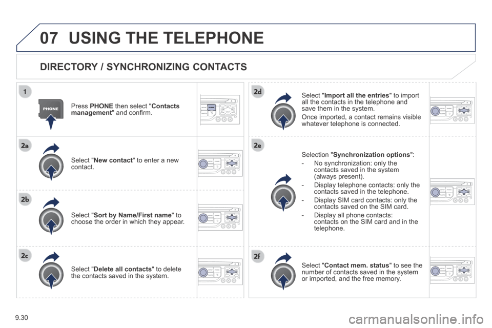 Peugeot Expert VU 2014 Owners Manual 9.30
07
AP-EXPERT-VU_EN_CHAP09B_RT6-2-7_ED01-2014
USING THE TELEPHONE
DIRECTORY / SYNCHRONIZING CONTACTS
Press PHONE then select " Contacts management " and confi rm.
Select " New cont Peugeot Expert VU 2014 Owners Manual 9.30
07
AP-EXPERT-VU_EN_CHAP09B_RT6-2-7_ED01-2014
USING THE TELEPHONE
DIRECTORY / SYNCHRONIZING CONTACTS
Press PHONE then select " Contacts management " and confi rm.
Select " New cont