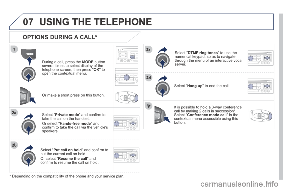 Peugeot Expert VU 2014 Owners Manual 9.35
07
AP-EXPERT-VU_EN_CHAP09B_RT6-2-7_ED01-2014
USING THE TELEPHONE
OPTIONS DURING A CALL *
During a call, press the MODE button several times to select display of the telephone screen Peugeot Expert VU 2014 Owners Manual 9.35
07
AP-EXPERT-VU_EN_CHAP09B_RT6-2-7_ED01-2014
USING THE TELEPHONE
OPTIONS DURING A CALL *
During a call, press the MODE button several times to select display of the telephone screen
