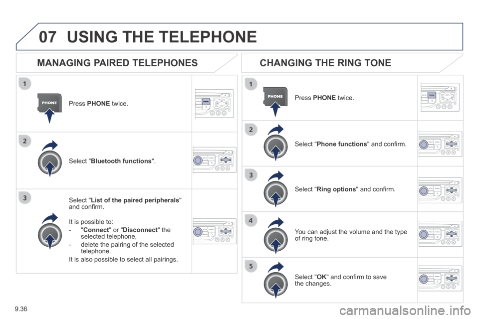 Peugeot Expert VU 2014 Owners Manual 9.36
07
AP-EXPERT-VU_EN_CHAP09B_RT6-2-7_ED01-2014
Press PHONE twice.
Select " List of the paired peripherals " and confi rm.
It is possible to:
- " Connect " or " Disconnect " t Peugeot Expert VU 2014 Owners Manual 9.36
07
AP-EXPERT-VU_EN_CHAP09B_RT6-2-7_ED01-2014
Press PHONE twice.
Select " List of the paired peripherals " and confi rm.
It is possible to:
- " Connect " or " Disconnect " t