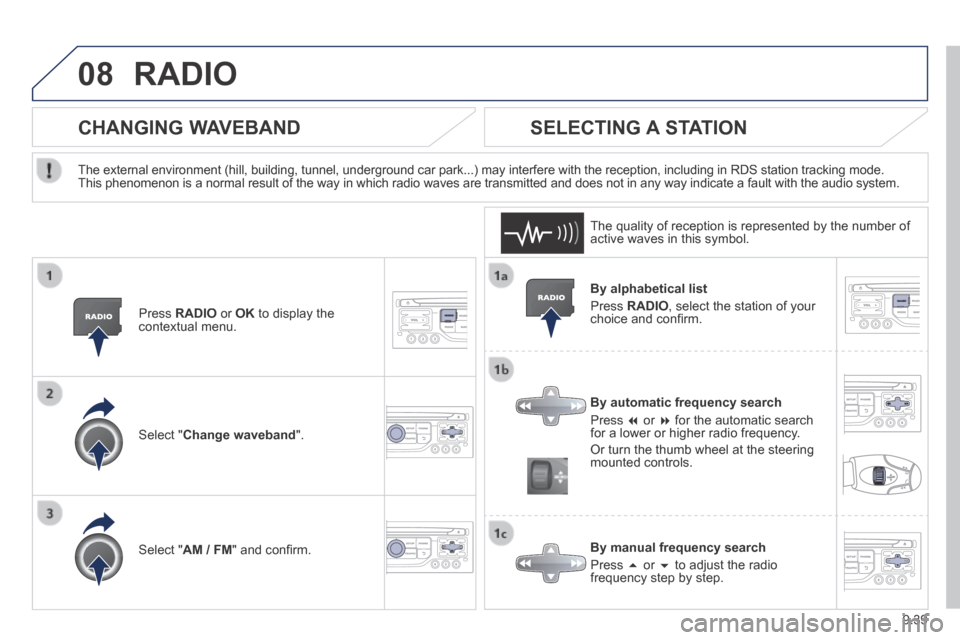Peugeot Expert VU 2014  Owners Manual 9.39
08
AP-EXPERT-VU_EN_CHAP09B_RT6-2-7_ED01-2014
 RADIO 
  By  alphabetical  list 
 Press   RADIO , select the station of your choice and conﬁ rm.  
  By automatic frequency search 
 Press     o