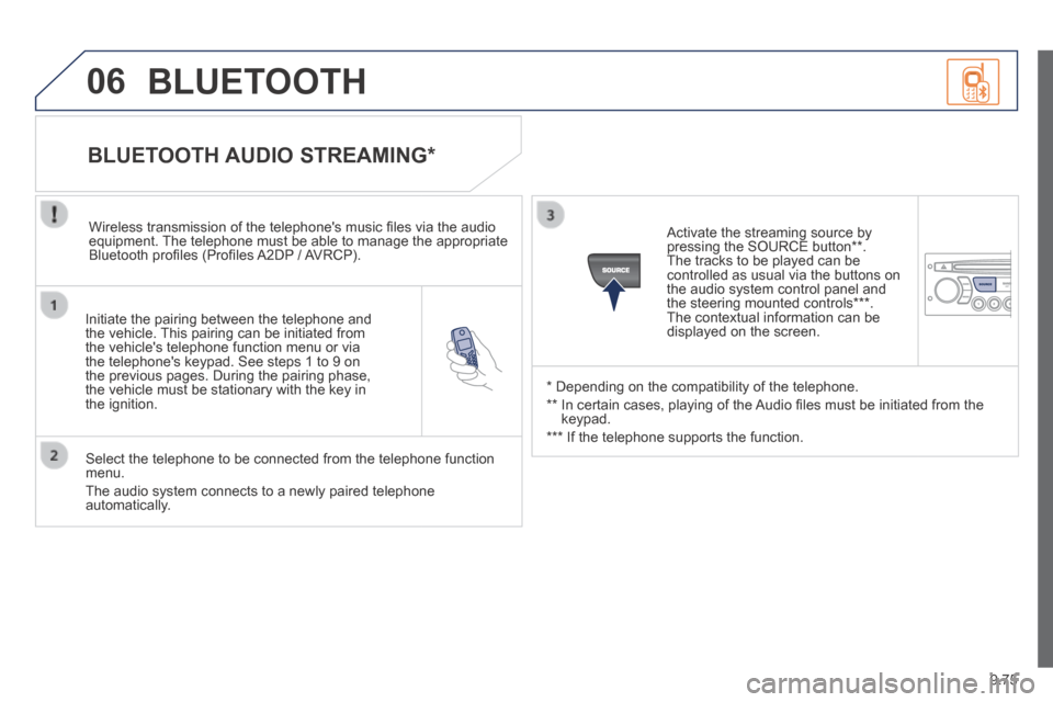 Peugeot Expert VU 2014  Owners Manual 9.75
06
AP-EXPERT-VU_EN_CHAP09C_RD45_ED01_2013
  Initiate the pairing between the telephone and the vehicle. This pairing can be initiated from the vehicles telephone function menu or via the telepho