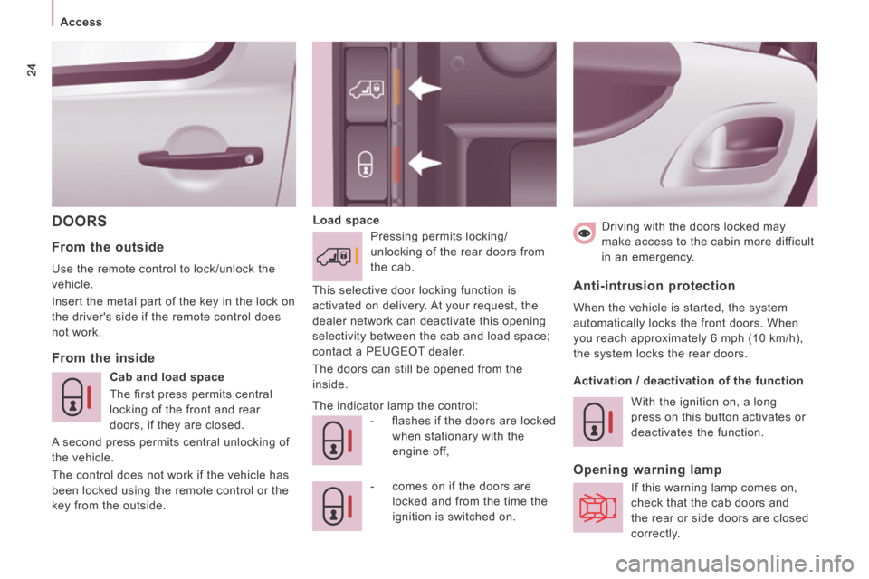 Peugeot Expert VU 2014 Owners Guide 24
   Access   
AP-EXPERT-VU_EN_CHAP02_PRET A  PARTIR_ED01-2014
 DOORS   Load  space   -   comes on if the doors are locked and from the time the 
ignition is switched on.  
  From  the  inside    Fro