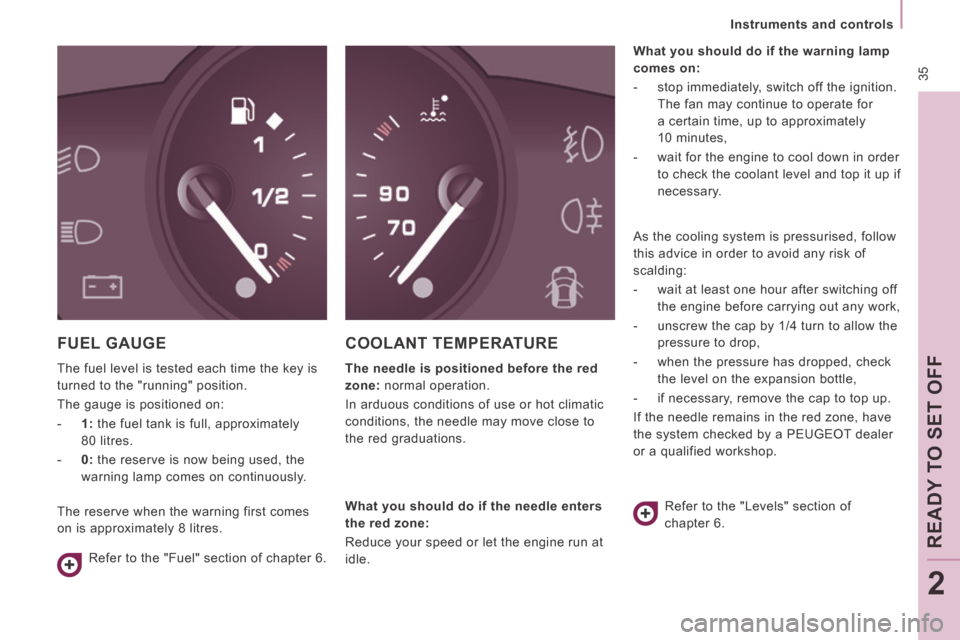 Peugeot Expert VU 2014 Owners Guide  35
   Instruments  and  controls   
READY TO SET OFF
2
AP-EXPERT-VU_EN_CHAP02_PRET A  PARTIR_ED01-2014
 FUEL  GAUGE 
 The fuel level is tested each time the key is 
turned to the "running" position. 