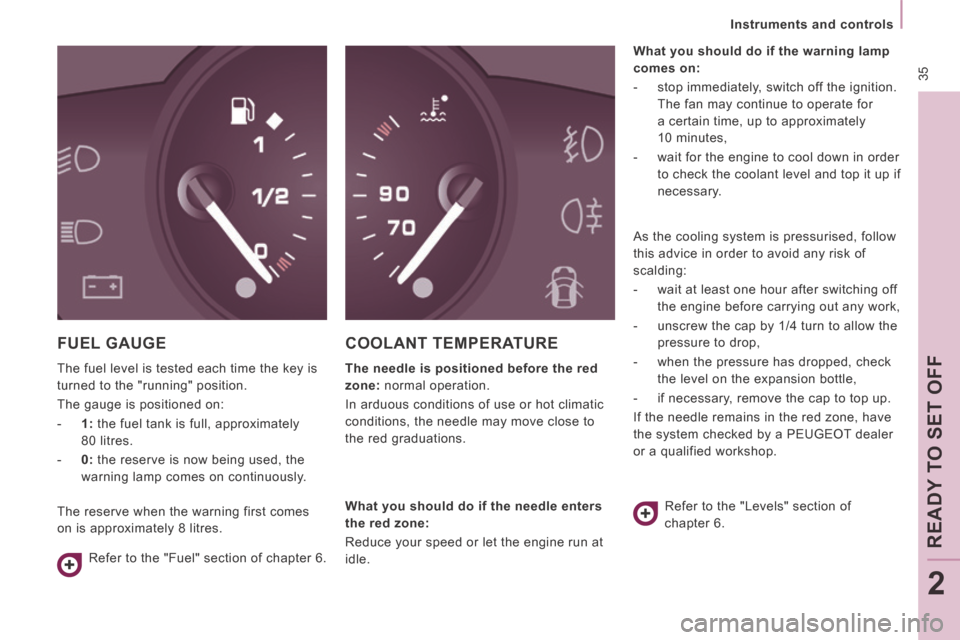 Peugeot Expert VU 2014  Owners Manual  35
   Instruments  and  controls   
READY TO SET OFF
2
AP-EXPERT-VU_EN_CHAP02_PRET A  PARTIR_ED01-2014
 FUEL  GAUGE 
 The fuel level is tested each time the key is 
turned to the "running" position. 