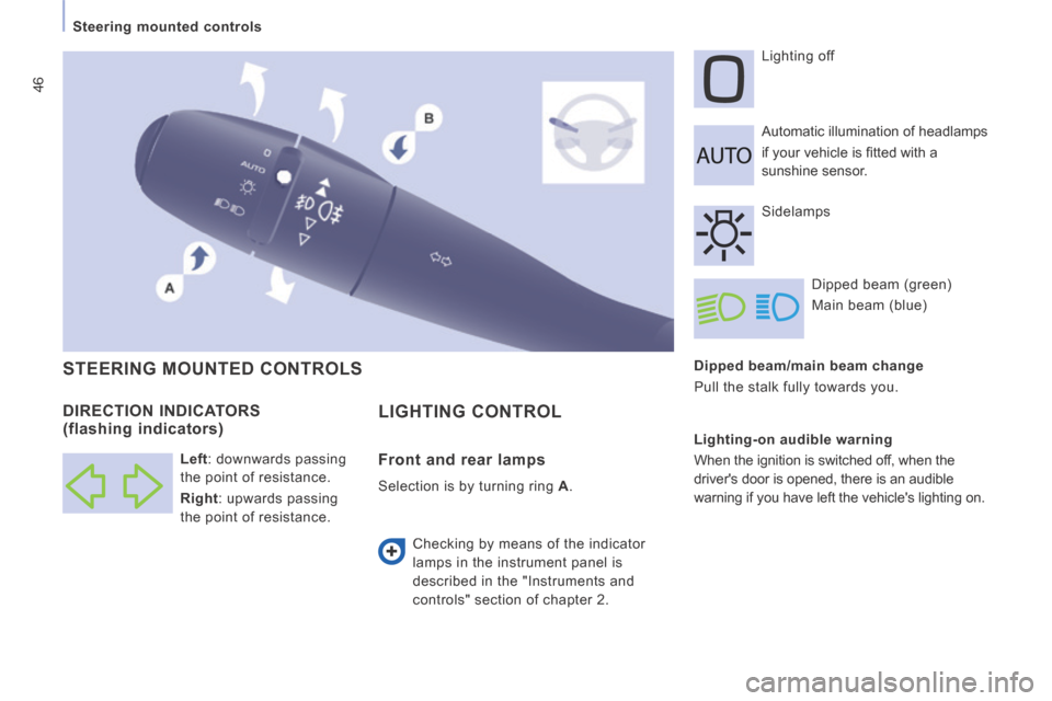 Peugeot Expert VU 2014  Owners Manual 46
   Steering  mounted  controls   
AP-EXPERT-VU_EN_CHAP03_ERGONOMIE ET CONFORT_ED01-2014
  Dipped beam/main beam change 
 Pull the stalk fully towards you.  
 Automatic illumination of headlamps  
i