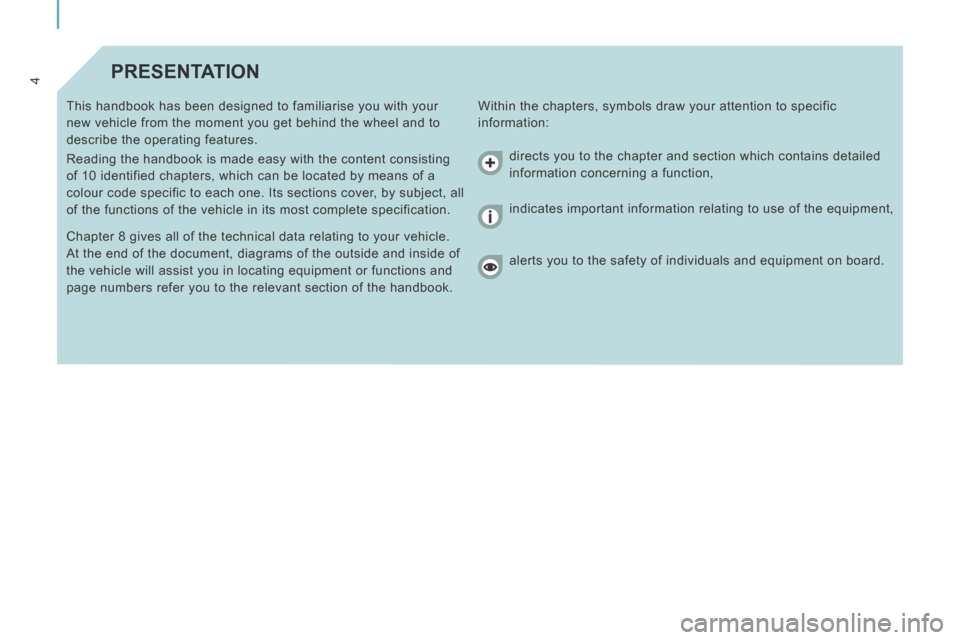 Peugeot Expert VU 2014  Owners Manual 4
AP-EXPERT-VU_EN_CHAP01_PRISE EN MAIN_ED01-2014
 PRESENTATION 
 Within the chapters, symbols draw your attention to specific 
information: 
 This handbook has been designed to familiarise you with yo