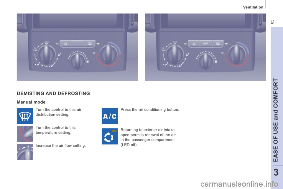 Peugeot Expert VU 2014 Repair Manual 63
Ventilation
EASE OF USE
and
COMFORT
3
AP-EXPERT-VU_EN_CHAP03_ERGONOMIE ET CONFORT_ED01-2014
Press the air conditioning button. Turn the control to this air
distribution setting.
Turn Peugeot Expert VU 2014 Repair Manual 63
Ventilation
EASE OF USE
and
COMFORT
3
AP-EXPERT-VU_EN_CHAP03_ERGONOMIE ET CONFORT_ED01-2014
Press the air conditioning button. Turn the control to this air
distribution setting.
Turn