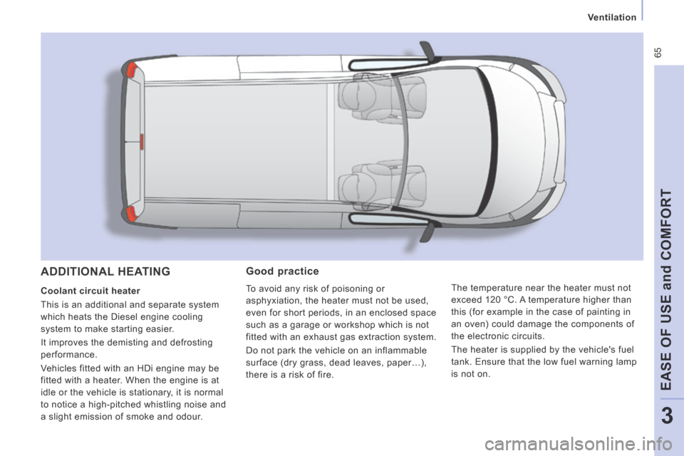 Peugeot Expert VU 2014  Owners Manual  65
   Ventilation   
EASE OF USE 
and
 COMFORT
3
AP-EXPERT-VU_EN_CHAP03_ERGONOMIE ET CONFORT_ED01-2014
  Good  practice 
 To avoid any risk of poisoning or 
asphyxiation, the heater must not be used,