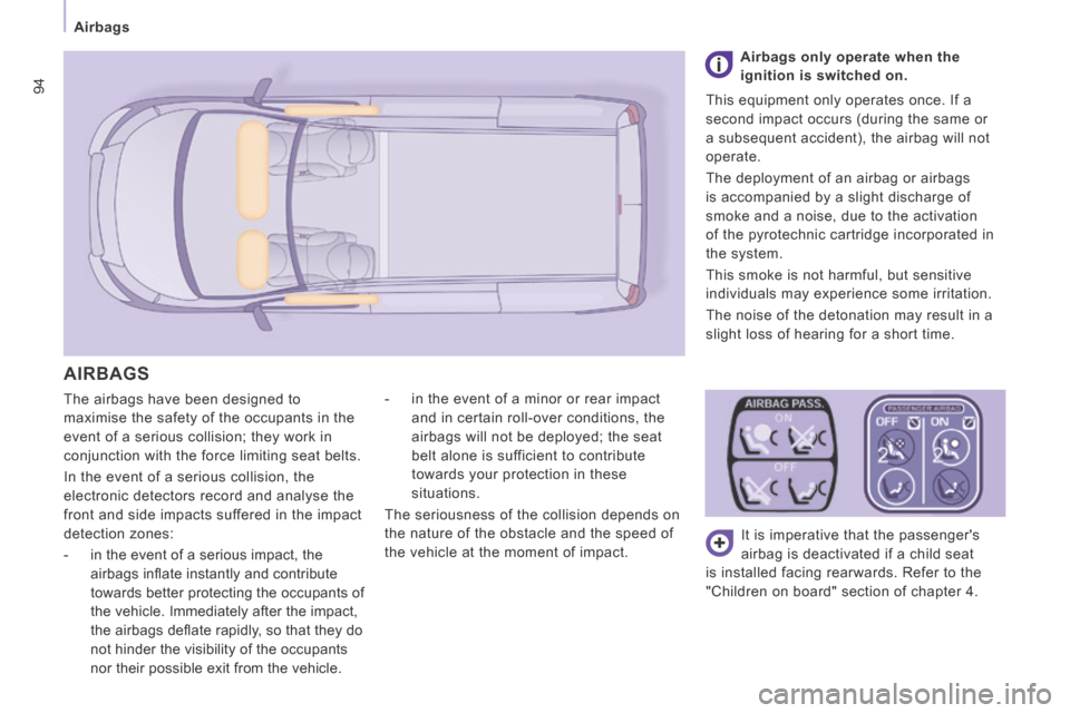 Peugeot Expert VU 2014  Owners Manual 94
   Airbags   
AP-EXPERT-VU_EN_CHAP04_SECURITE_ED01-2014
 The airbags have been designed to 
maximise the safety of the occupants in the 
event of a serious collision; they work in 
conjunction with