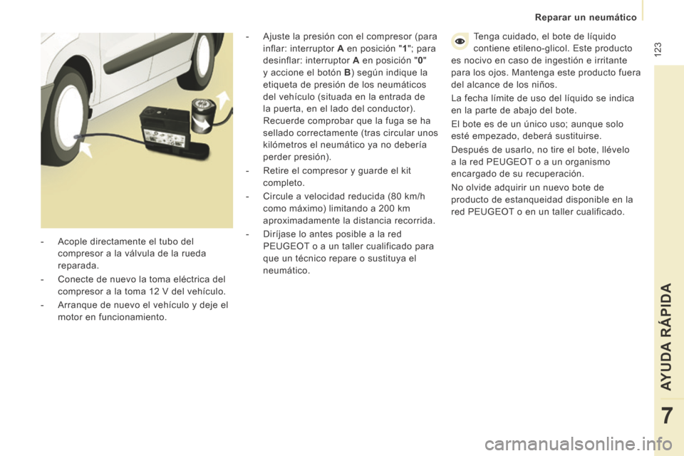 Peugeot Expert VU 2014  Manual del propietario (in Spanish)  123
   Reparar  un  neumático   
AYUDA RÁPIDA
7
Expert-VU_es_Chap07_Aide rapide_ed01-2014
  -   Ajuste la presión con el compresor (para inflar: interruptor   A  en posición "  1 ";  para 
desinf