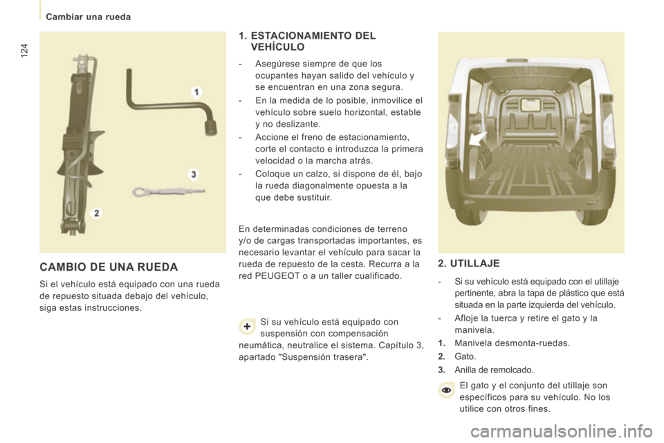 Peugeot Expert VU 2014  Manual del propietario (in Spanish) 124
   Cambiar  una  rueda   
Expert-VU_es_Chap07_Aide rapide_ed01-2014
 CAMBIO DE UNA RUEDA 
 Si el vehículo está equipado con una rueda 
de repuesto situada debajo del vehículo, 
siga estas instr