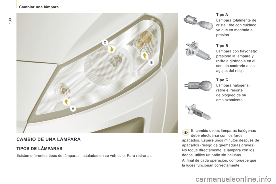 Peugeot Expert VU 2014  Manual del propietario (in Spanish) 130
   Cambiar  una  lámpara   
Expert-VU_es_Chap07_Aide rapide_ed01-2014
 CAMBIO DE UNA LÁMPARA 
  Tipo A  
 Lámpara totalmente de 
cristal: tire con cuidado 
ya que va montada a 
presión. 
  Tip