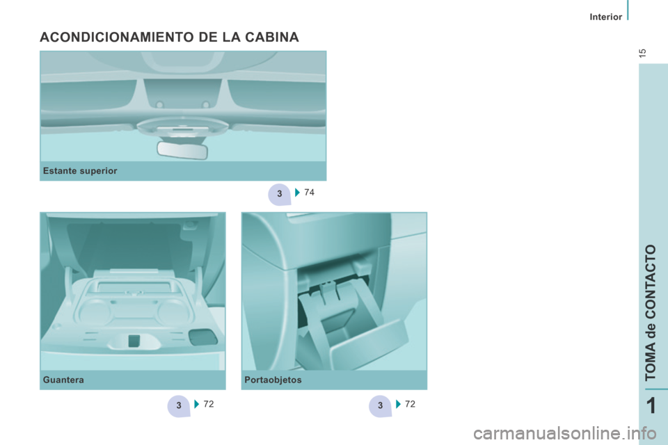 Peugeot Expert VU 2014 Manual del propietario (in Spanish) 3
33
15
Interior
TOMA de CONTACTO
1
Expert-VU_es_Chap01_Prise en main_ed01-2014
Estante superior 74
ACONDICIONAMIENTO DE LA CABINA
Guantera
72 72
Portaobjetos Peugeot Expert VU 2014 Manual del propietario (in Spanish) 3
33
15
Interior
TOMA de CONTACTO
1
Expert-VU_es_Chap01_Prise en main_ed01-2014
Estante superior 74
ACONDICIONAMIENTO DE LA CABINA
Guantera
72 72
Portaobjetos