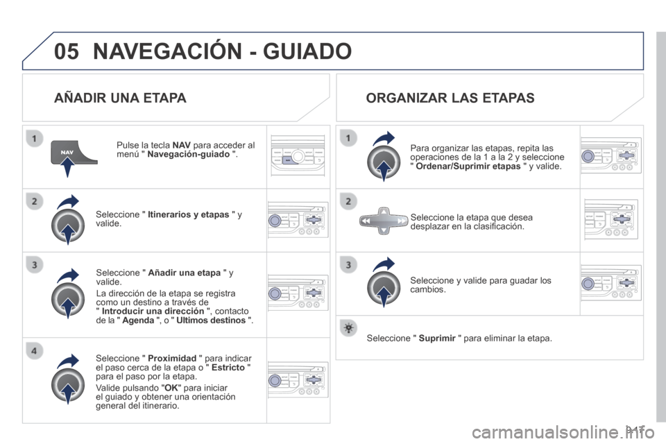 Peugeot Expert VU 2014 Manual del propietario (in Spanish) 9.17
05
Expert-VU_es_Chap09b_RT6-2-7_ed01-2014
NAVEGACIÓN - GUIADO
AÑADIR UNA ETAPA
Pulse la tecla N AV para acceder al menú " Navegación-guiado ".
Seleccione " Itinerarios y Peugeot Expert VU 2014 Manual del propietario (in Spanish) 9.17
05
Expert-VU_es_Chap09b_RT6-2-7_ed01-2014
NAVEGACIÓN - GUIADO
AÑADIR UNA ETAPA
Pulse la tecla N AV para acceder al menú " Navegación-guiado ".
Seleccione " Itinerarios y