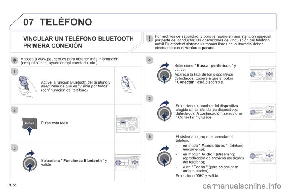 Peugeot Expert VU 2014 Manual del propietario (in Spanish) 9.28
07
Expert-VU_es_Chap09b_RT6-2-7_ed01-2014
VINCULAR UN TELÉFONO BLUETOOTH
PRIMERA CONEXIÓN
Por motivos de seguridad, y porque requieren una atención especial por parte del c Peugeot Expert VU 2014 Manual del propietario (in Spanish) 9.28
07
Expert-VU_es_Chap09b_RT6-2-7_ed01-2014
VINCULAR UN TELÉFONO BLUETOOTH
PRIMERA CONEXIÓN
Por motivos de seguridad, y porque requieren una atención especial por parte del c