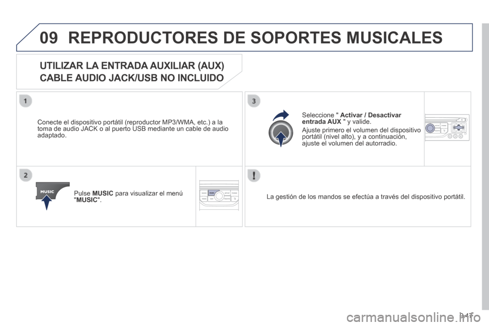 Peugeot Expert VU 2014 Manual del propietario (in Spanish) 9.47
09
Expert-VU_es_Chap09b_RT6-2-7_ed01-2014
REPRODUCTORES DE SOPORTES MUSICALES
UTILIZAR LA ENTRADA AUXILIAR (AUX)
CABLE AUDIO JACK/USB NO INCLUIDO
Conecte el dispositivo p Peugeot Expert VU 2014 Manual del propietario (in Spanish) 9.47
09
Expert-VU_es_Chap09b_RT6-2-7_ed01-2014
REPRODUCTORES DE SOPORTES MUSICALES
UTILIZAR LA ENTRADA AUXILIAR (AUX)
CABLE AUDIO JACK/USB NO INCLUIDO
Conecte el dispositivo p