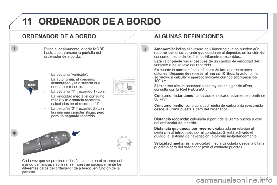 Peugeot Expert VU 2014 Manual del propietario (in Spanish) 9.51
11
Expert-VU_es_Chap09b_RT6-2-7_ed01-2014
ORDENADOR DE A BORDO
ORDENADOR DE A BORDO
Pulse sucesivamente la tecla MODE hasta que aparezca la pantalla del ordenador de a bordo.
Autonomía Peugeot Expert VU 2014 Manual del propietario (in Spanish) 9.51
11
Expert-VU_es_Chap09b_RT6-2-7_ed01-2014
ORDENADOR DE A BORDO
ORDENADOR DE A BORDO
Pulse sucesivamente la tecla MODE hasta que aparezca la pantalla del ordenador de a bordo.
Autonomía
