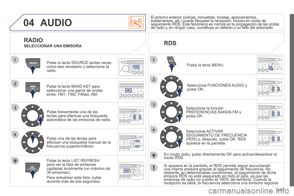 Peugeot Expert VU 2014 Manual del propietario (in Spanish) 9.67
04
Expert-VU_es_Chap09c_RD45_ed01_2013
AUDIO
Pulse la tecla SOURCE tantas veces como sea necesario y seleccione la radio.
Pulse la tecla BAND AST para seleccionar una gama de ondas entre: Peugeot Expert VU 2014 Manual del propietario (in Spanish) 9.67
04
Expert-VU_es_Chap09c_RD45_ed01_2013
AUDIO
Pulse la tecla SOURCE tantas veces como sea necesario y seleccione la radio.
Pulse la tecla BAND AST para seleccionar una gama de ondas entre: