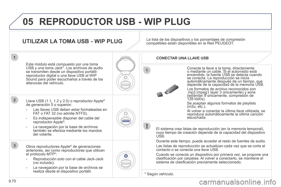 Peugeot Expert VU 2014 Manual del propietario (in Spanish) 9.70
05
Expert-VU_es_Chap09c_RD45_ed01_2013
REPRODUCTOR USB - WIP PLUG
El sistema crea listas de reproducción (en la memoria temporal), cuyo tiempo de creación depende de la capacidad del dispos Peugeot Expert VU 2014 Manual del propietario (in Spanish) 9.70
05
Expert-VU_es_Chap09c_RD45_ed01_2013
REPRODUCTOR USB - WIP PLUG
El sistema crea listas de reproducción (en la memoria temporal), cuyo tiempo de creación depende de la capacidad del dispos
