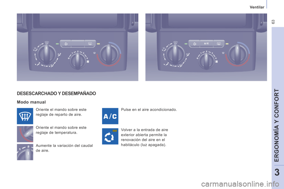 Peugeot Expert VU 2014  Manual del propietario (in Spanish)  63
   Ventilar   
ERGONOMÍA Y CONFORT
3
Expert-VU_es_Chap03_Ergonomie et confort_ed01-2014
 Pulse en el aire acondicionado. 
 Oriente el mando sobre este 
reglaje de reparto de aire. 
 Oriente el ma