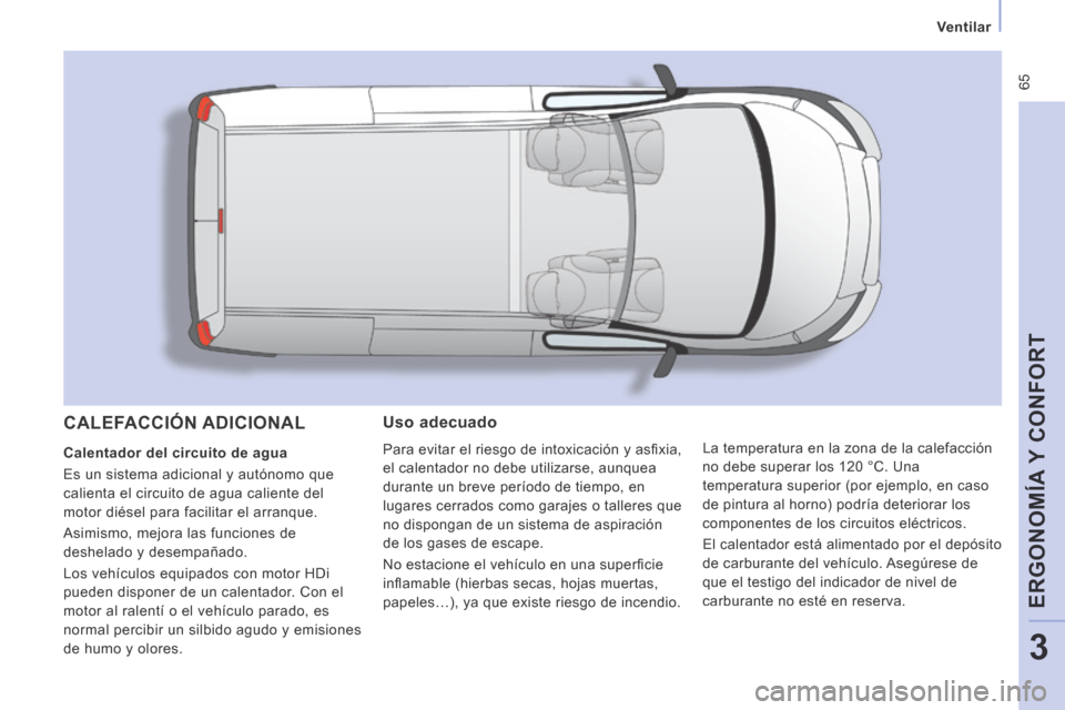 Peugeot Expert VU 2014  Manual del propietario (in Spanish)  65
   Ventilar   
ERGONOMÍA Y CONFORT
3
Expert-VU_es_Chap03_Ergonomie et confort_ed01-2014
  Uso  adecuado 
 Para evitar el riesgo de intoxicación y asﬁ xia, 
el calentador no debe utilizarse, au