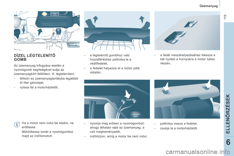 Peugeot Expert VU 2014 Kezelési útmutató (in Hungarian) 119
Üzemanyag
ELLENŐRZÉSEK
6
Expert-VU_hu_Chap06_Verifi cations_ed01-2014
DÍZEL LÉGTELENÍTŐ GOMB
Az üzemanyag kifogyása esetén a
nyomógomb segítségével tudja az
üzemanyagk Peugeot Expert VU 2014 Kezelési útmutató (in Hungarian) 119
Üzemanyag
ELLENŐRZÉSEK
6
Expert-VU_hu_Chap06_Verifi cations_ed01-2014
DÍZEL LÉGTELENÍTŐ GOMB
Az üzemanyag kifogyása esetén a
nyomógomb segítségével tudja az
üzemanyagk