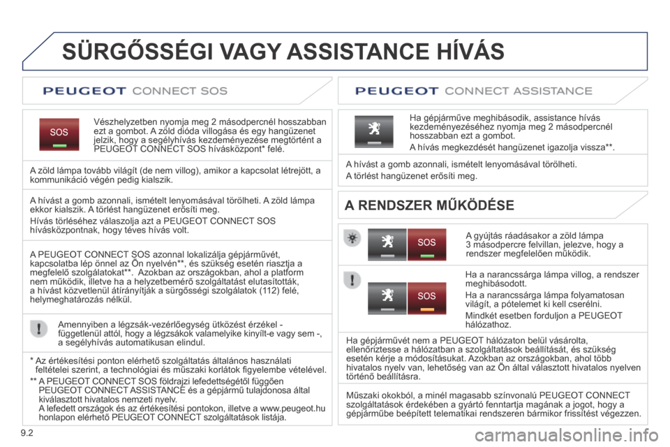 Peugeot Expert VU 2014 Kezelési útmutató (in Hungarian) 9.2
Expert-VU_hu_Chap09a_BTA_ed01-2014
SÜRGŐSSÉGI VAGY ASSISTANCE HÍVÁS
Vészhelyzetben nyomja meg 2 másodpercnél hosszabban ezt a gombot. A zöld dióda villogása és egy hangüzenet jelz Peugeot Expert VU 2014 Kezelési útmutató (in Hungarian) 9.2
Expert-VU_hu_Chap09a_BTA_ed01-2014
SÜRGŐSSÉGI VAGY ASSISTANCE HÍVÁS
Vészhelyzetben nyomja meg 2 másodpercnél hosszabban ezt a gombot. A zöld dióda villogása és egy hangüzenet jelz